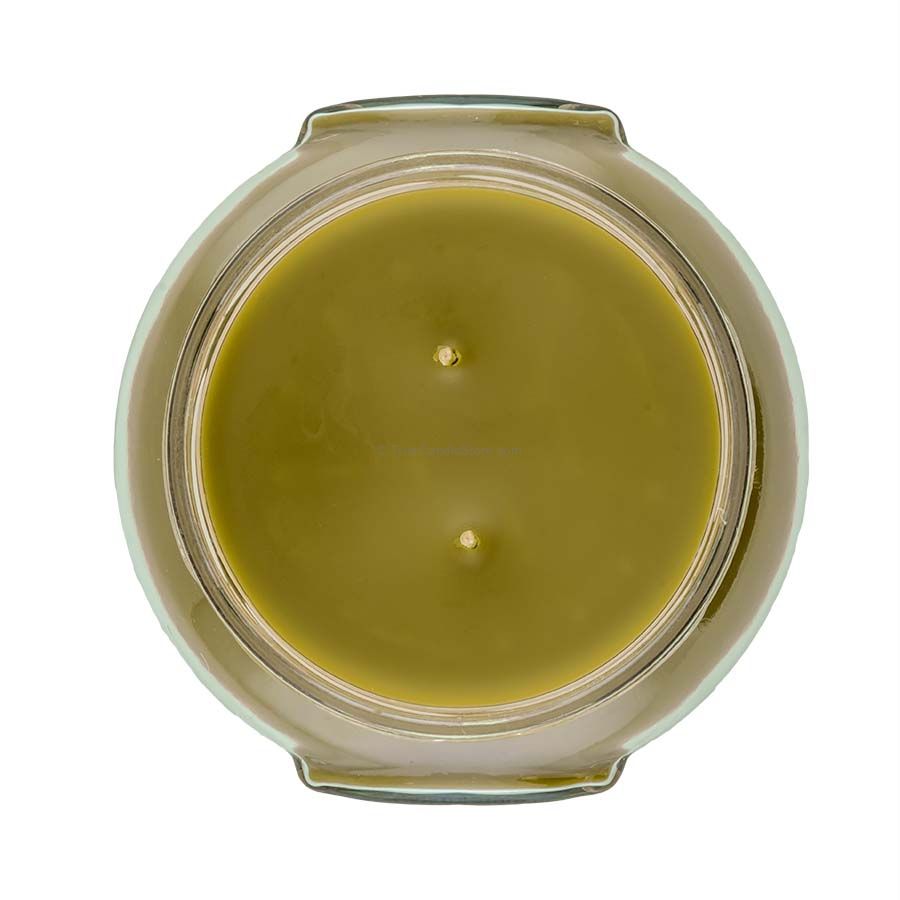 A clear glass jar containing a white candle with a black wick.