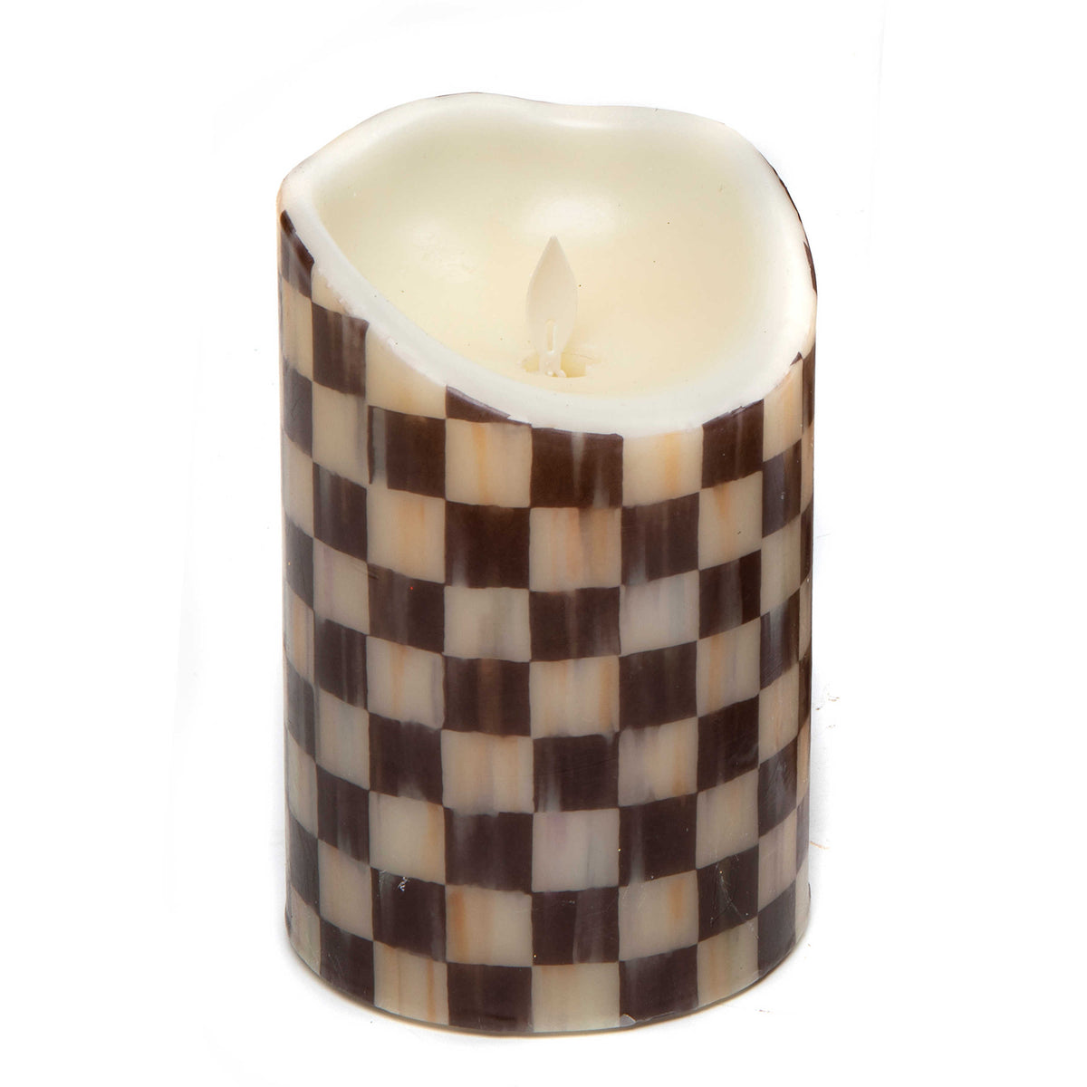 Courtly Check Flicker 6 inch Pillar candle with a black and white checkered wax exterior.