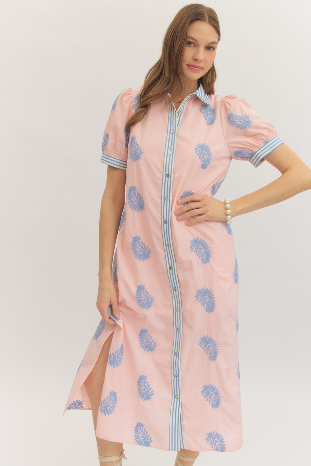 Nicole Embroidered Short Puff Sleeve Midi Dress