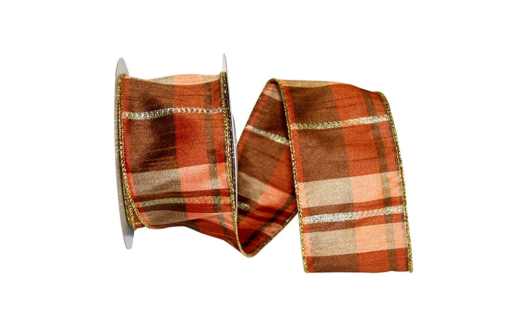 Two-and-a-half-inch wide multi-colored Dupioni ribbon with metallic wired edge.