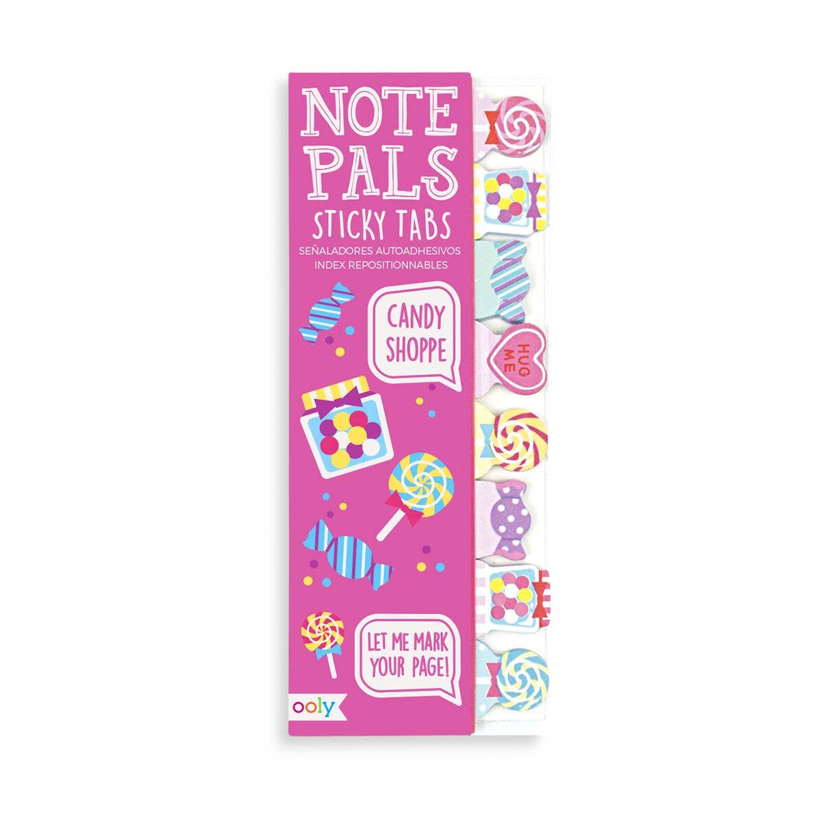 Note Pals sticky tabs in a candy shoppe theme with colorful candy and lollipop designs.