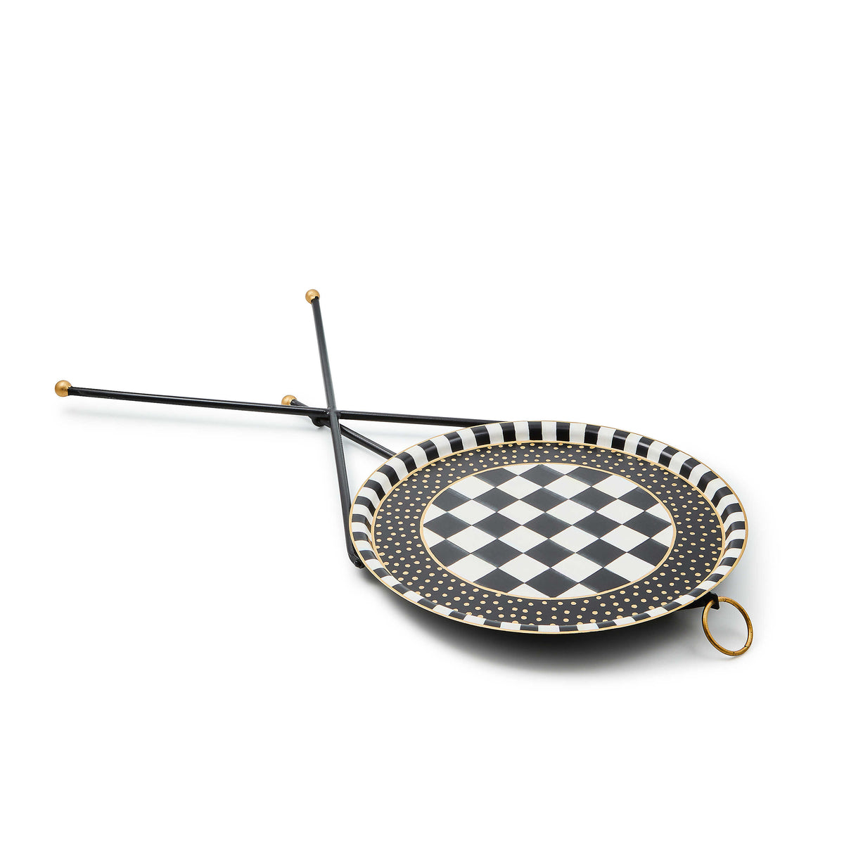 Tilt top tripod table with hand-painted black and white checks and gold dot accents.