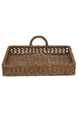 Square water hyacinth tray with rattan handles in natural woven texture