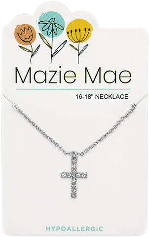 Silver Mazie Mae necklace with a crystal-encrusted cross pendant on a 16-18 inch chain.