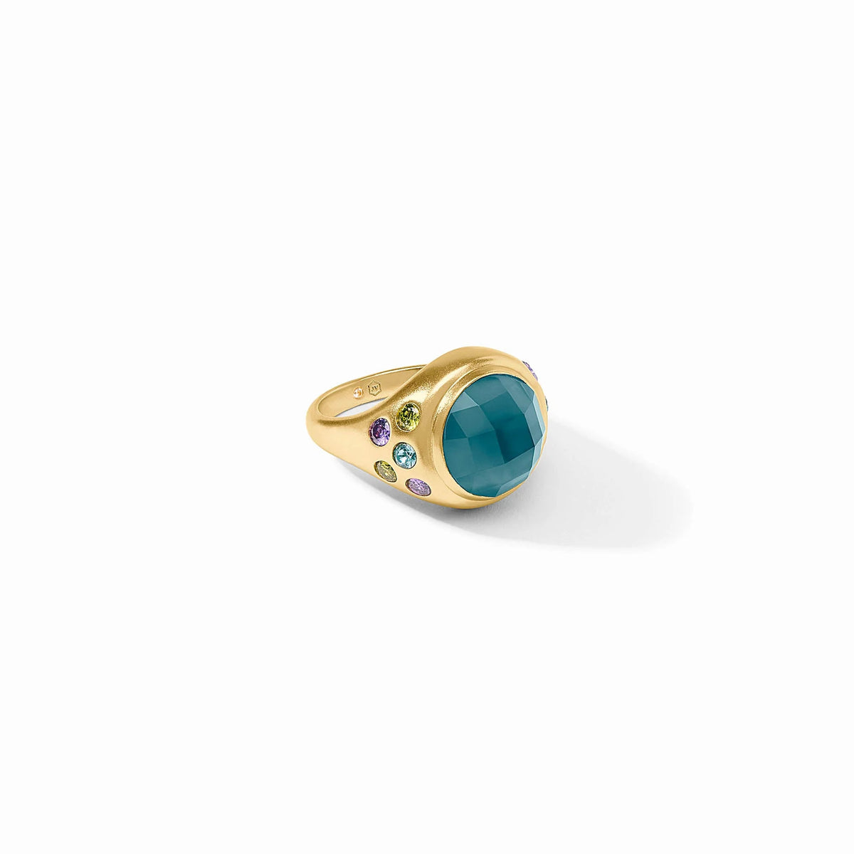 Rainbow statement ring with imported glass stones in a bold circular silhouette on 24K gold plate.