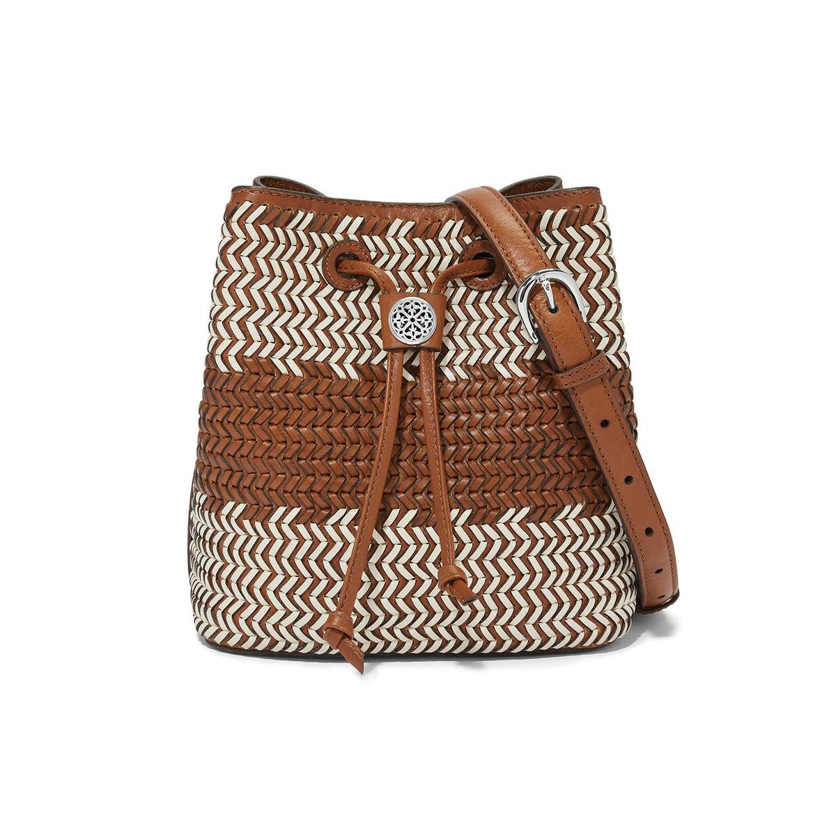 Russet leather Ferrara Cassia bucket bag with magnetic flap closure, adjustable strap, suede-like lining, and exterior feet.