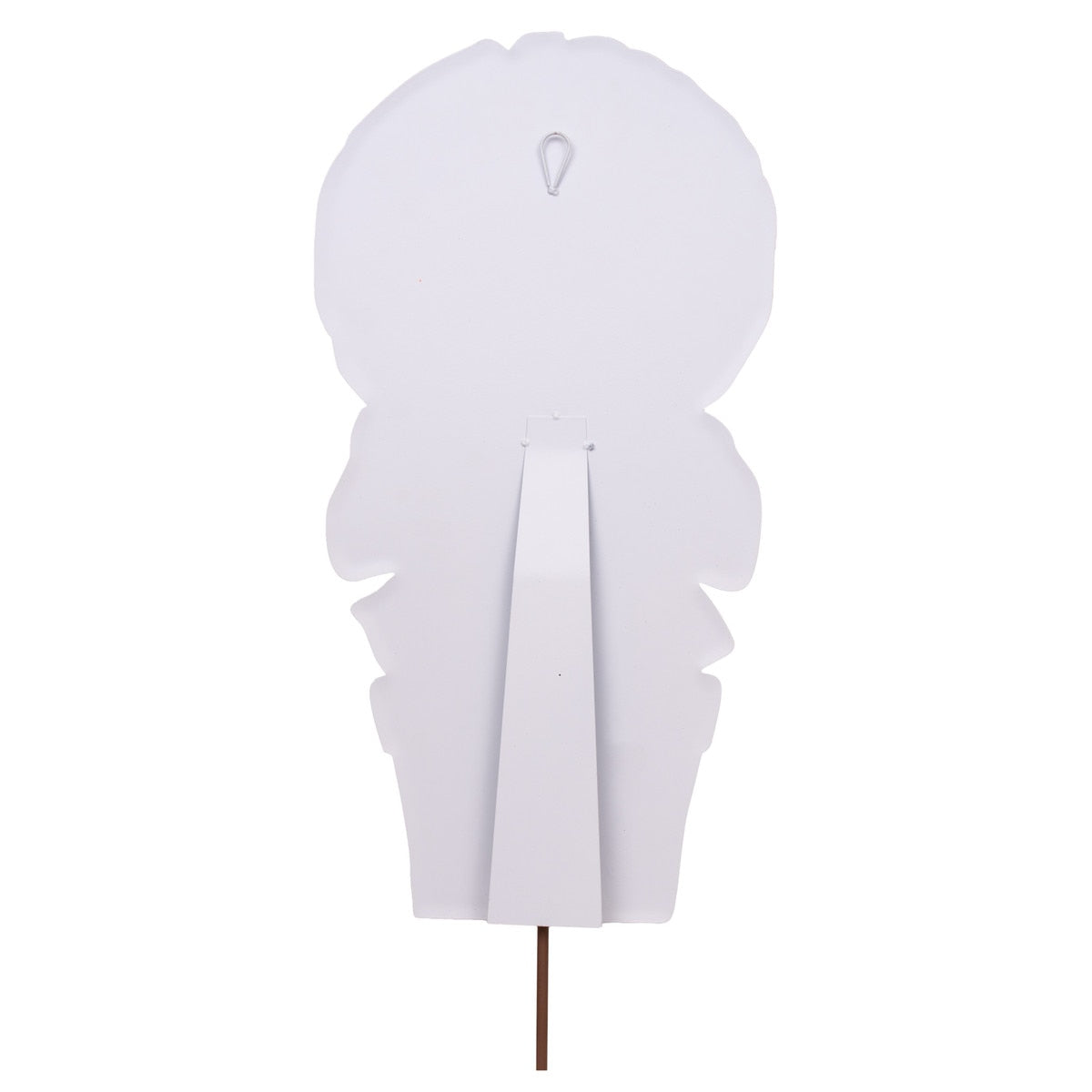 Back view of a white pumpkin topiary decoration showing a metal easel stand and a hanging loop.
