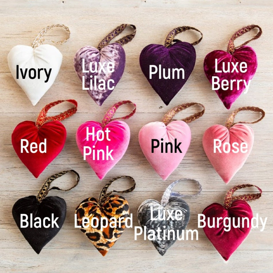 Handmade velvet heart in deep burgundy with a satin ribbon loop.
