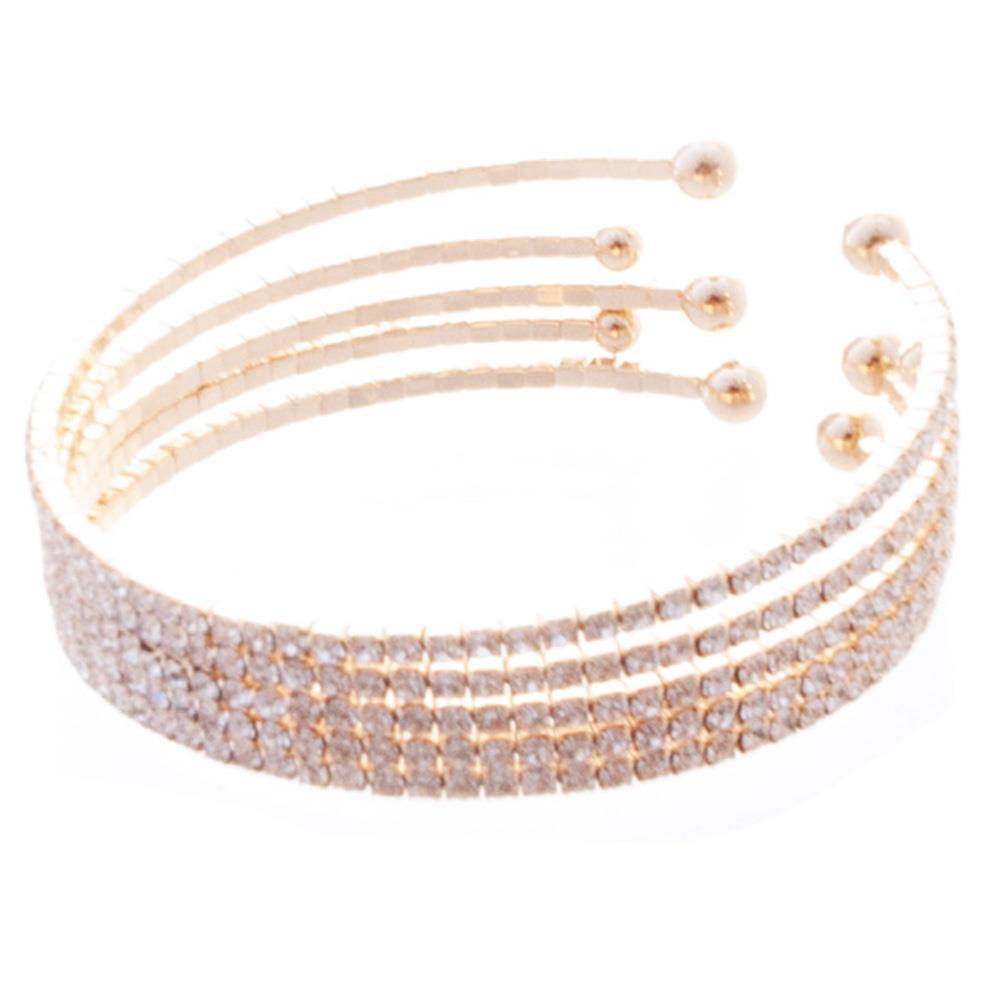 Rhinestone flexible open cuff bracelet with adjustable silver-tone band.