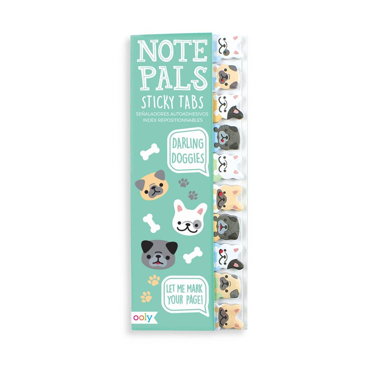 Ooly Note Pals sticky tabs featuring pug and French bulldog designs on a teal background.