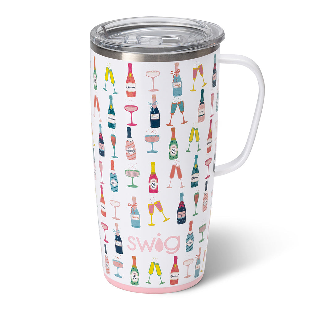 Silver stainless steel travel mug with a black silicone base and removable lid slider.