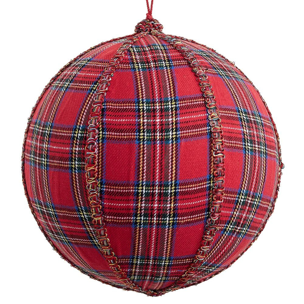 Ten-inch mixed red plaid ball ornament with festive holiday patterns.