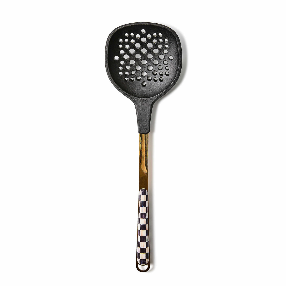 Courtly Check Slotted Turner with black silicone head and checkered pattern handle.