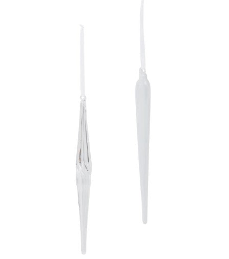 Two blown glass icicle ornaments, one clear with a twisted texture and one frosted white.