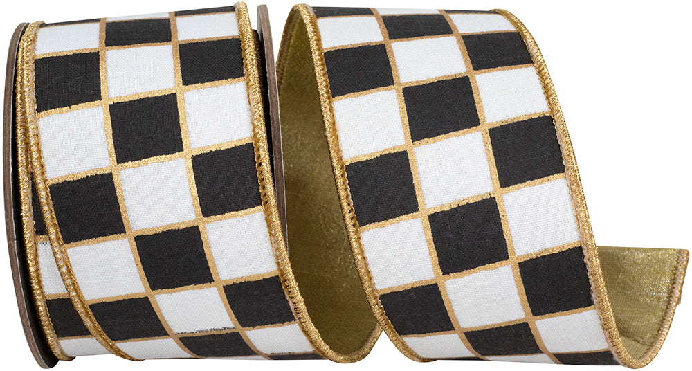 Black and white checkered wired edge ribbon with gold metallic outlines and backing.