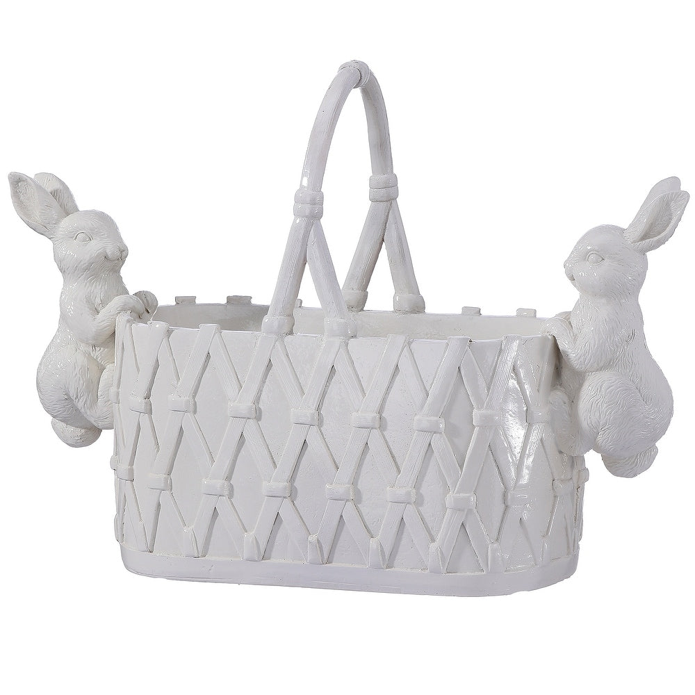 Resin planter shaped like a woven basket with sculpted bunnies holding the sides.