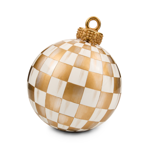 Gold and white checkered tabletop ornament with a metallic gold cap and hanging loop.