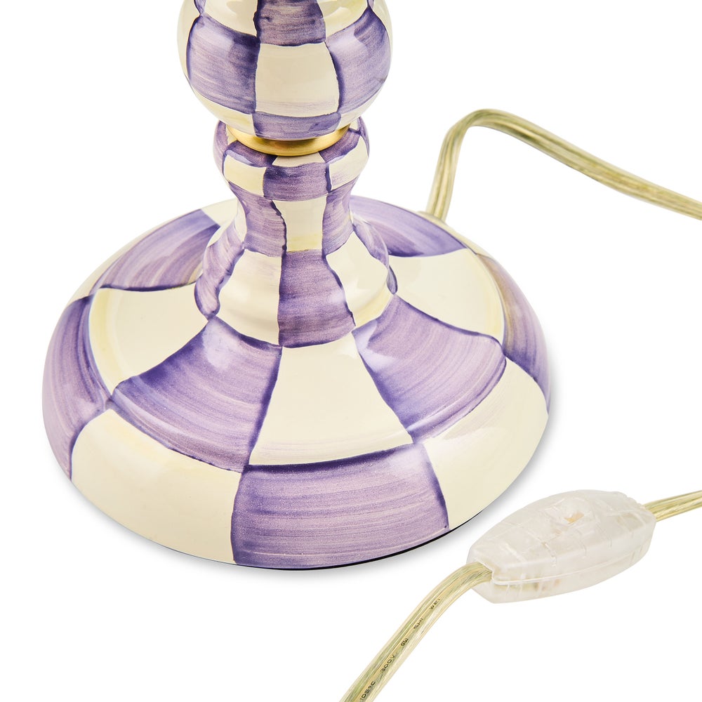 Violet check steel candlestick lamp with bronzed stainless accents and softback shade