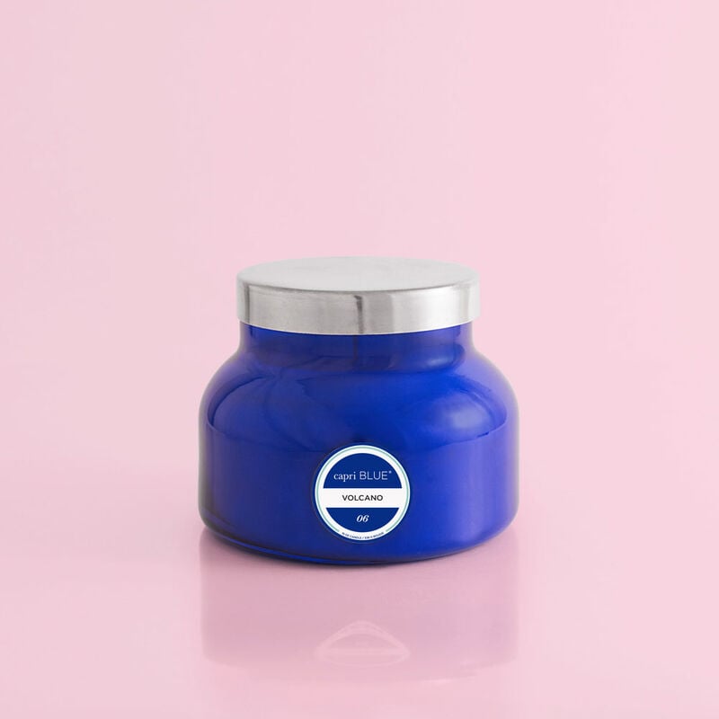 Volcano Blue Signature Jar candle in blue glass with a black wick