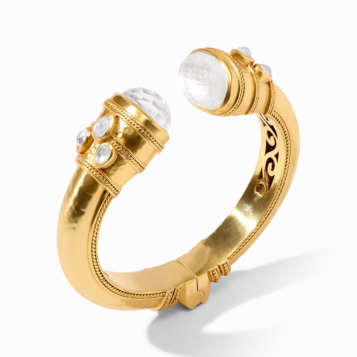 Cannes Cuff in 24K gold plate with clear imported glass stones and a hinged opening.