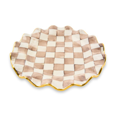 Handmade mocha ceramic dinner plate with gold lustre accents and check pattern