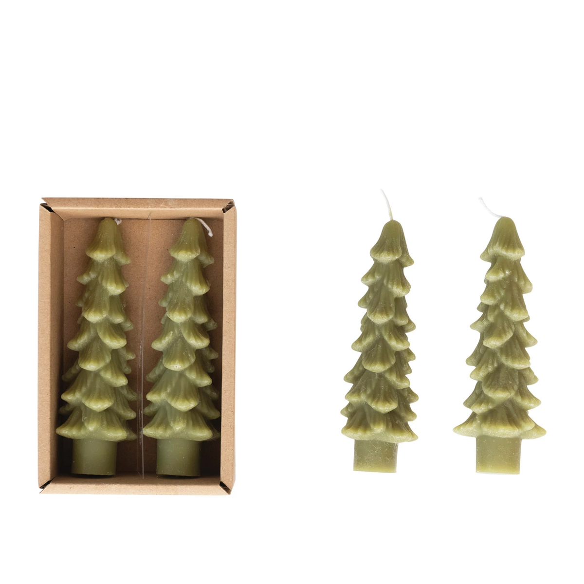 Set of two green unscented tree-shaped taper candles shown in a box and standing upright.