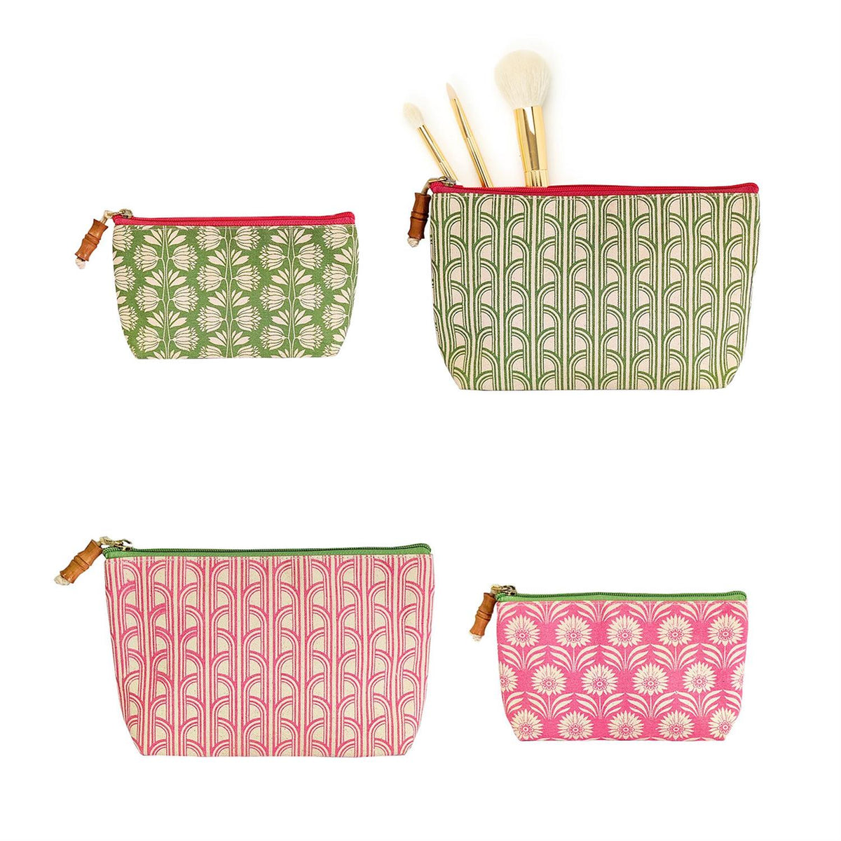 Cotton multipurpose pouch with wood pull closure featuring a stylish palm deco pattern.