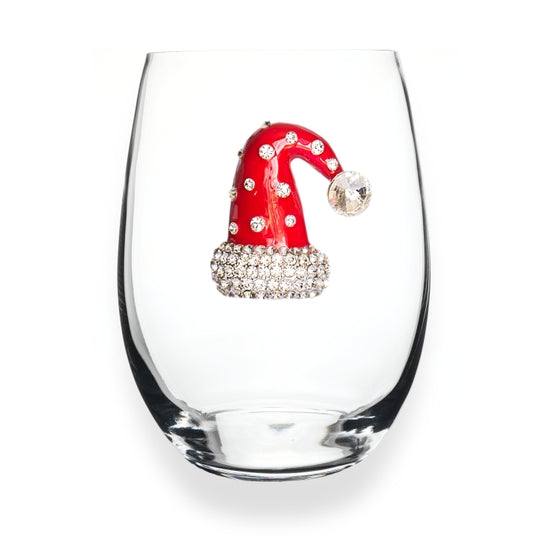 Handcrafted stemless wine glass with jeweled embellishments around the rim in clear crystal.