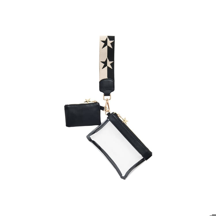 Spectator Wristlet with a clear pouch, black PU pouch, and star-patterned wrist strap.