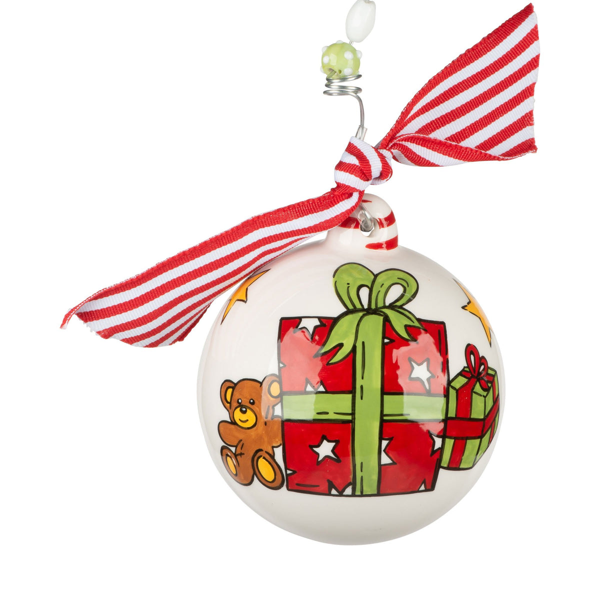 Hand-painted ceramic teddy bear ornament with a soft brown body, cream accents, and festive red bow.