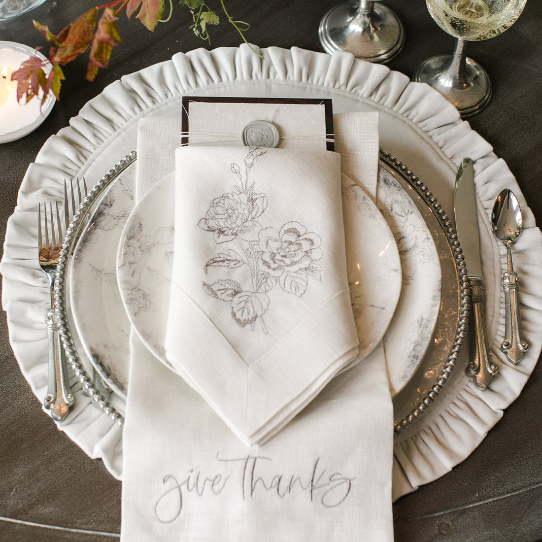 Round ruffle velvet placemat in a soft neutral tone with an 18-inch diameter.