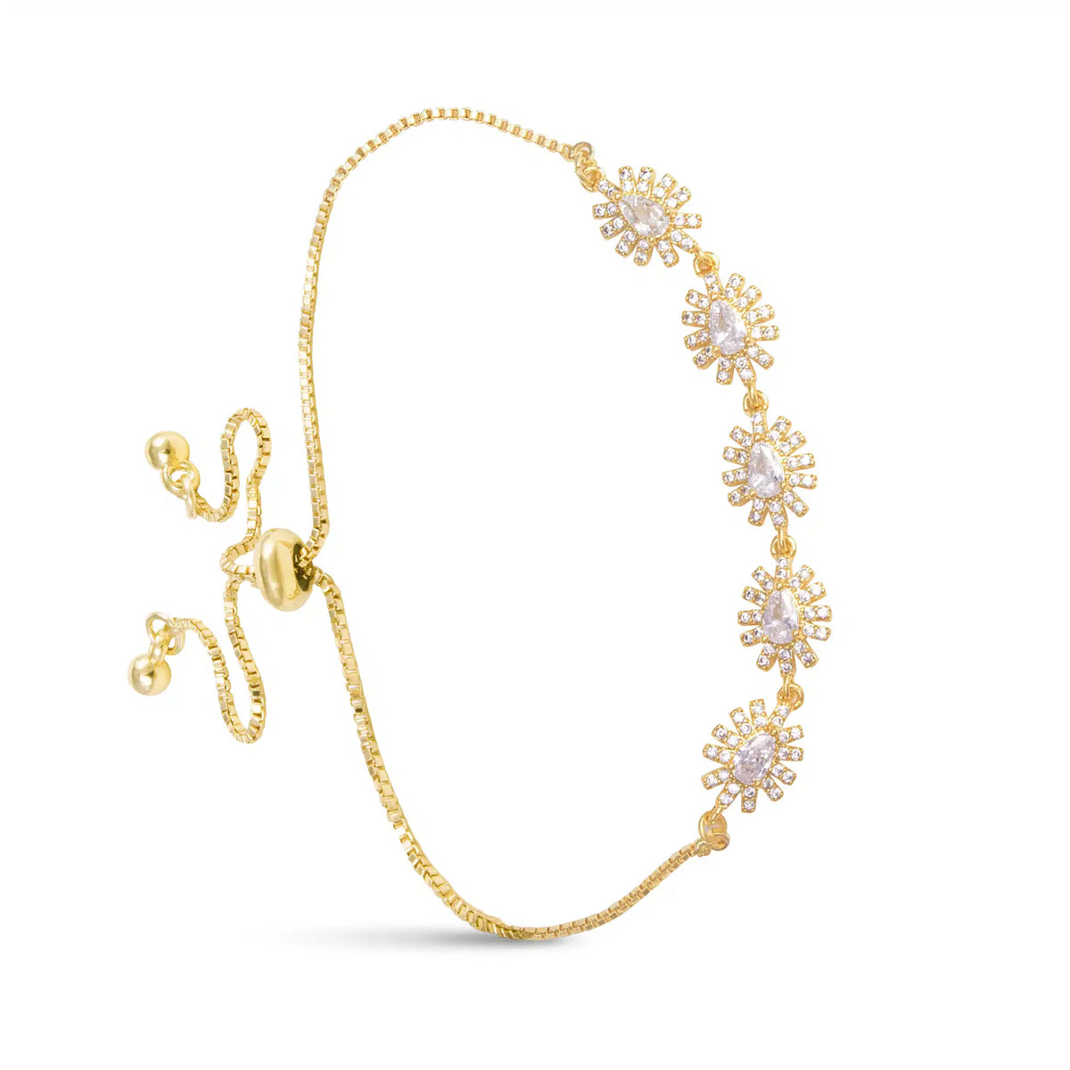 Gold adjustable box chain bracelet featuring five pear-shaped starburst charms with clear crystals.