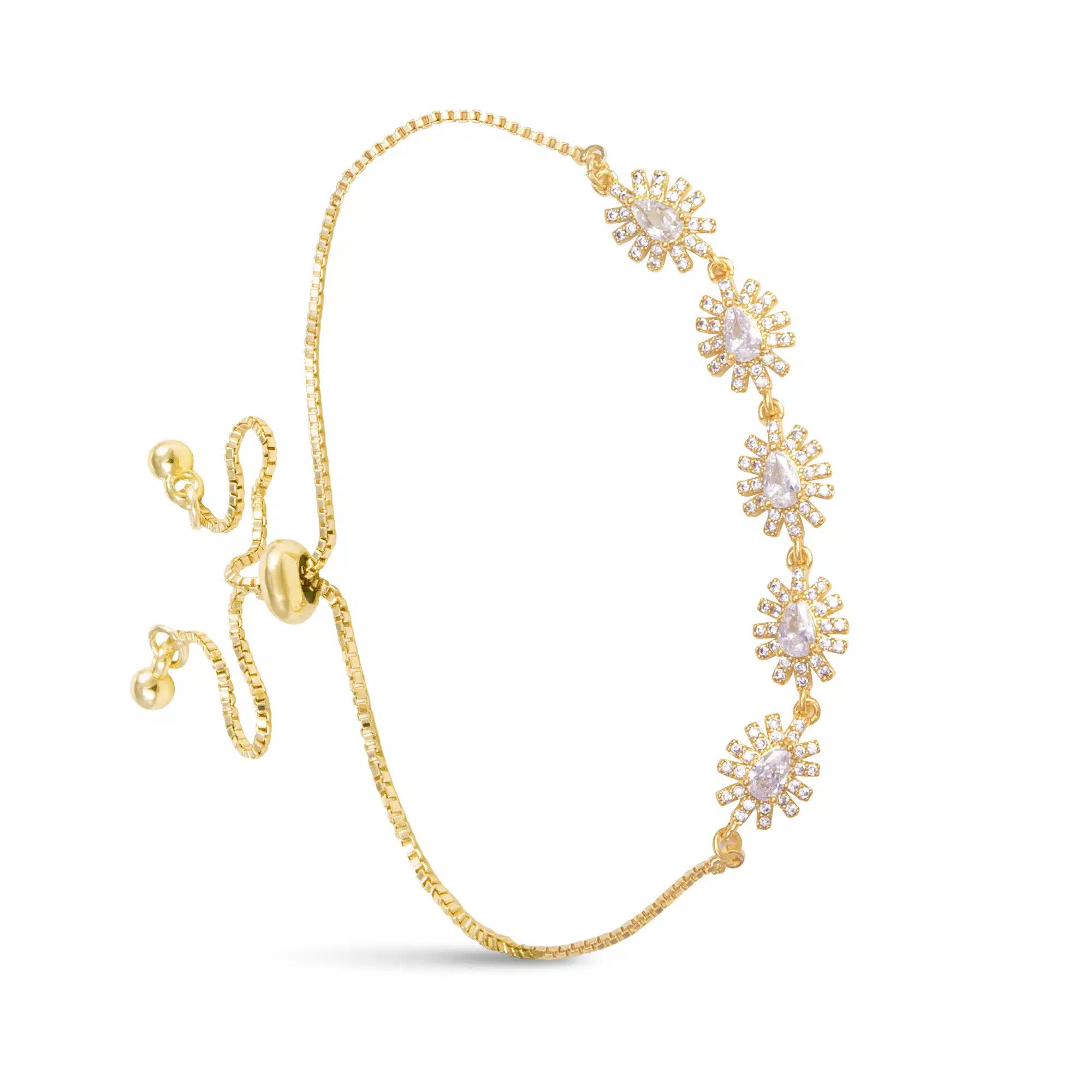 Gold adjustable box chain bracelet featuring five pear-shaped starburst charms with clear crystals.