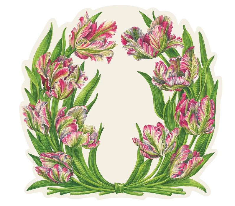 Die-cut parrot tulip paper placemat with green leaf pattern on white background.