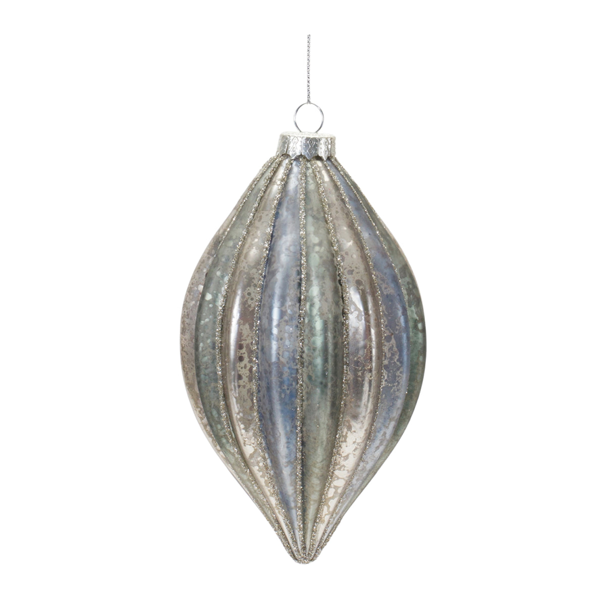 Ribbed teardrop glass ornament with a distressed silver and blue mercury finish.