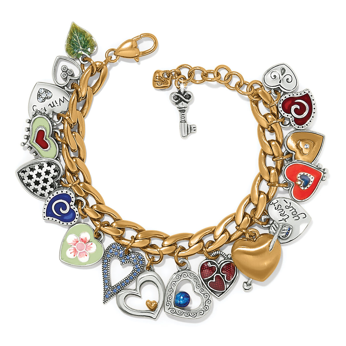 Silver-gold adjustable bracelet featuring a chunky chain with two-tone heart charms.