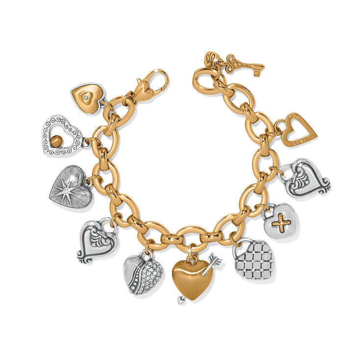 Two-tone silver and gold heart charm bracelet with crystals on a lobster claw clasp