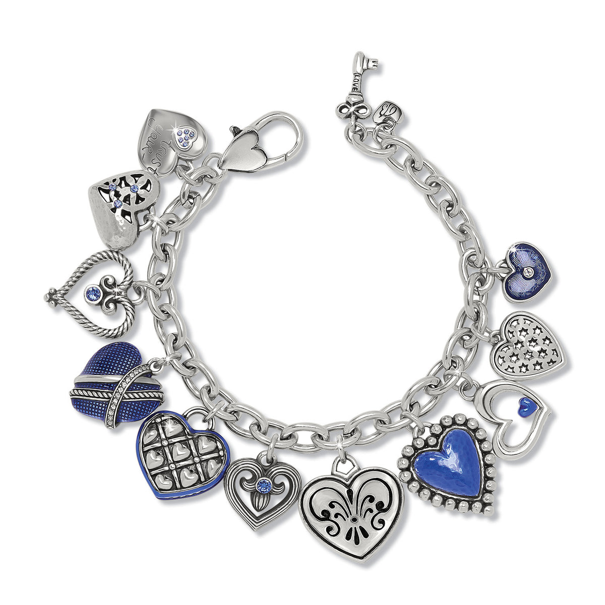 Silver-plated One Heart Link Charm Bracelet with blue enamel crystals on an 8-inch silver-blue chain.