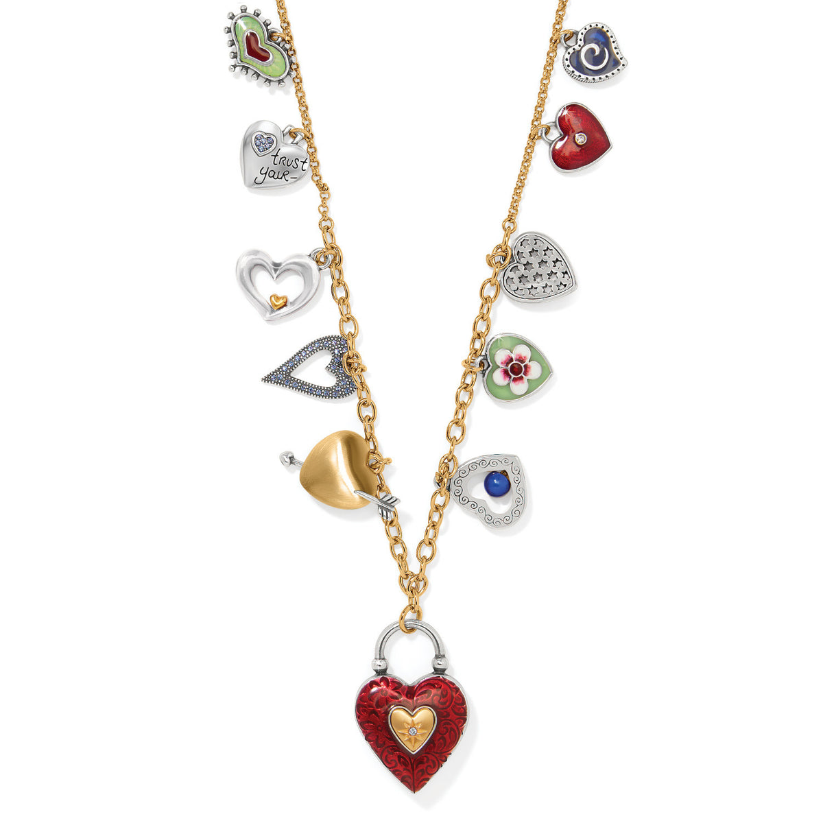 One Heart Long Necklace with two-tone enamel finish on a silver chain featuring an adjustable lobster claw closure.