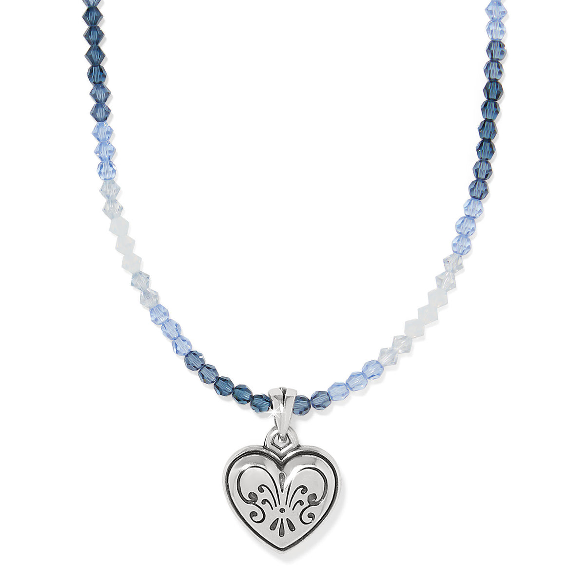 Silver-plated bead necklace with heart pendant in silver-blue ombre pattern