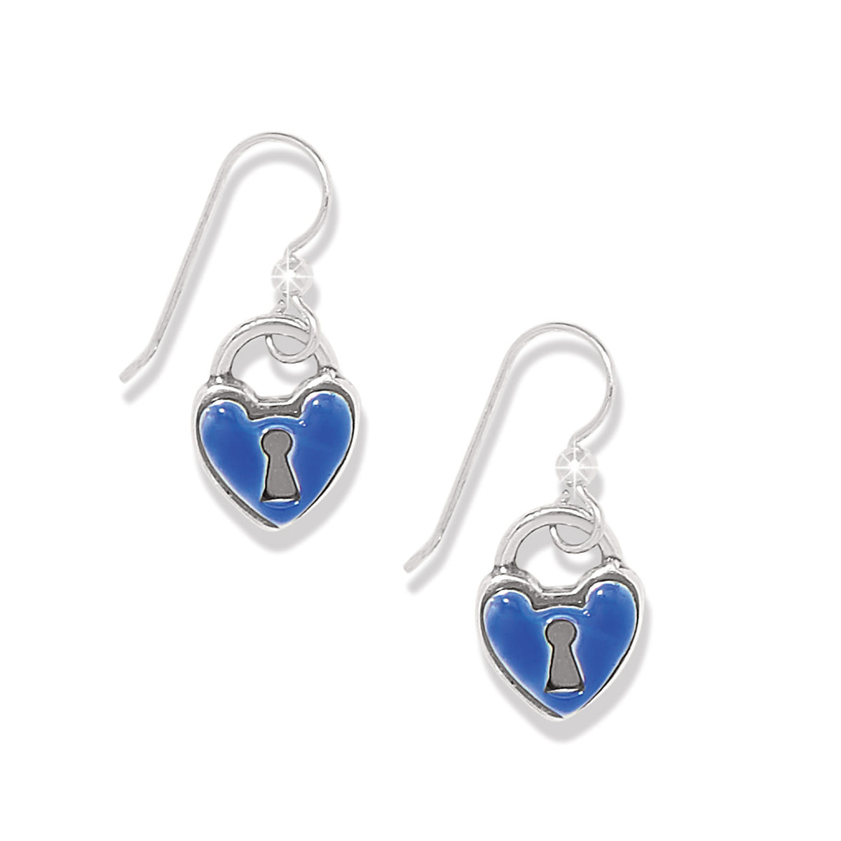 Silver-plated enamel heart padlock French wire earrings with silver-blue finish.
