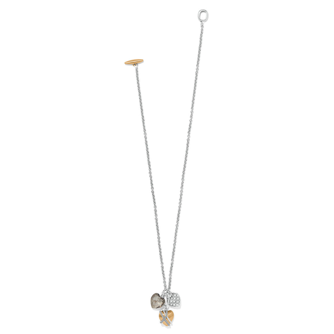 Silver-gold two-tone fine quality crystal toggle necklace with lobster claw closure.