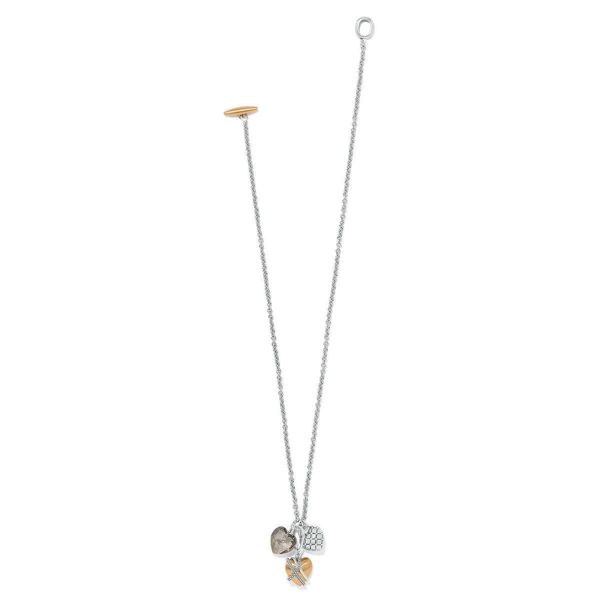 Silver-gold two-tone fine quality crystal toggle necklace with lobster claw closure.