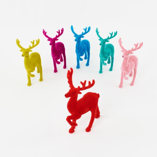 Flocked deer figurine made of PVC with a white textured finish standing approximately 12 inches tall.