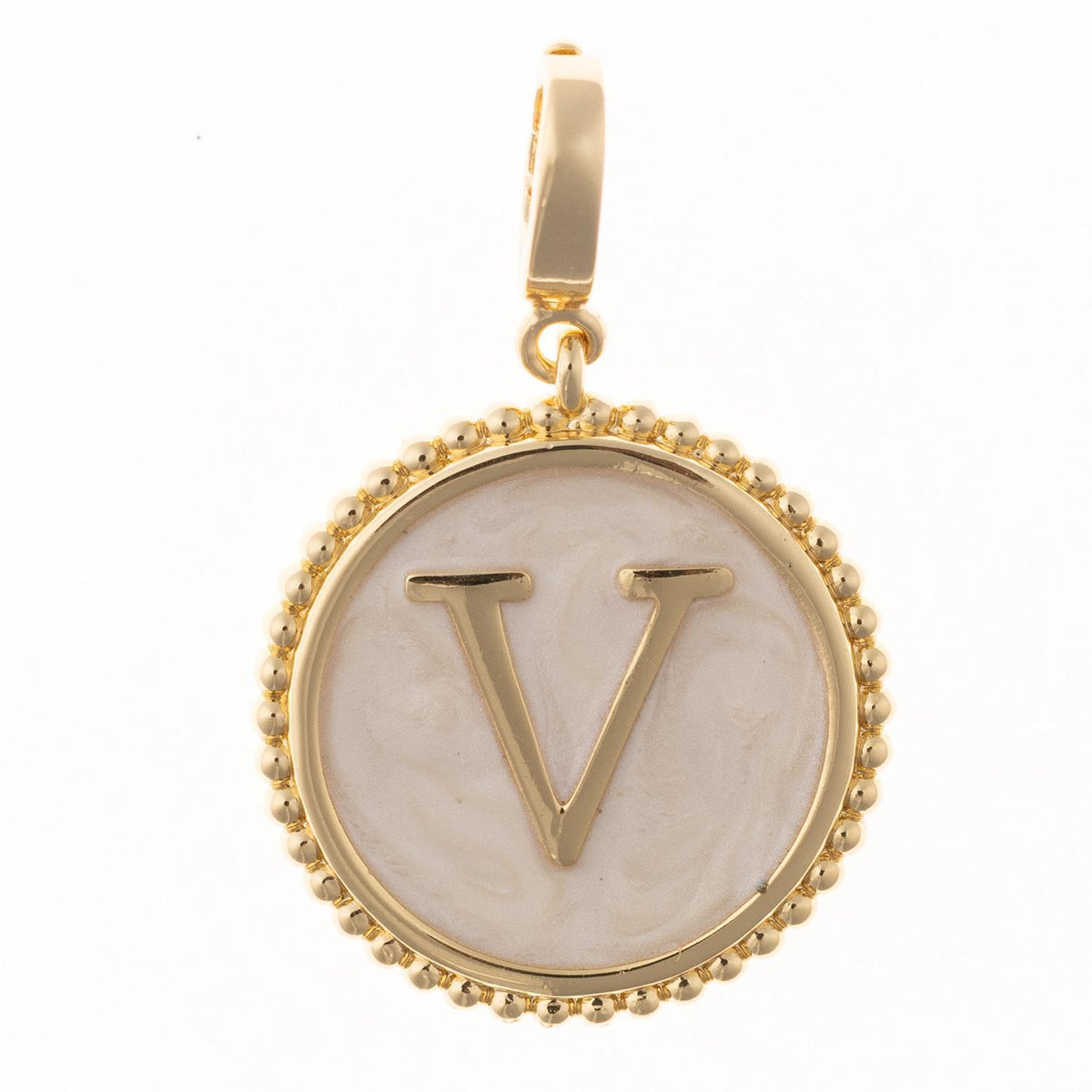 Circular initial charm in 18k gold plate with faux mother-of-pearl inlay and clasp.