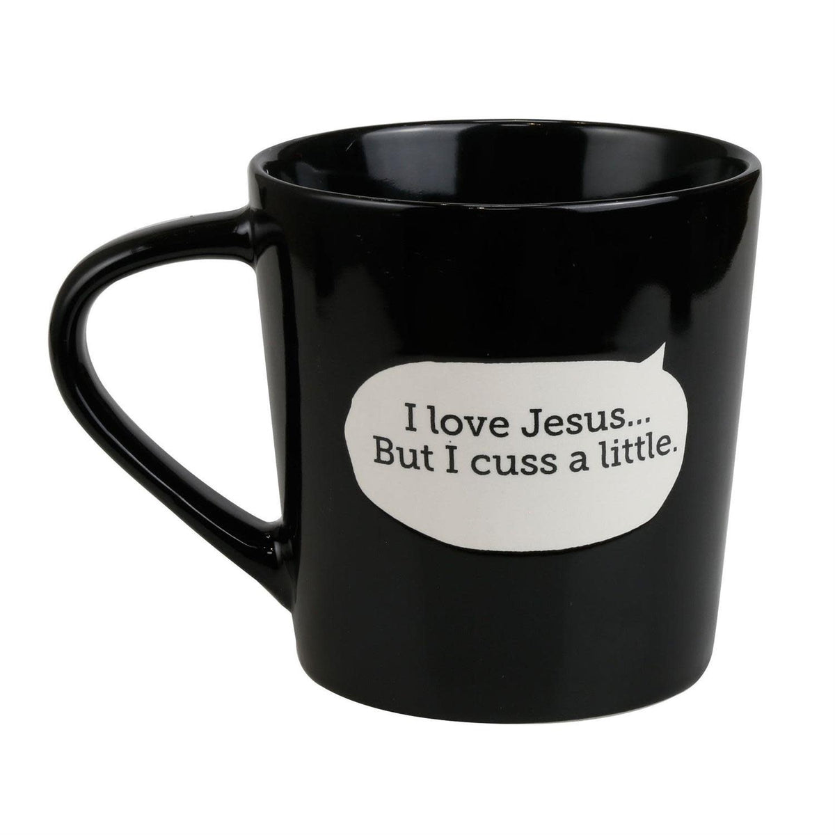 Front view of a white stoneware mug featuring the text 'Jesus Cuss' in black lettering.