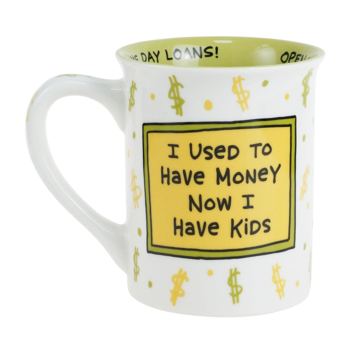 Onim mug in dark stoneware with white text on front, back, and rim.