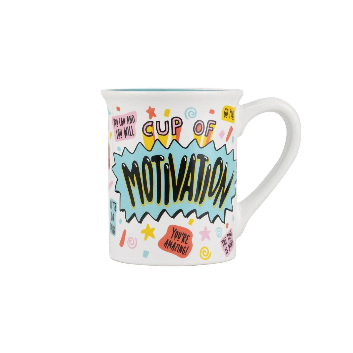Front view of a white ceramic Onim mug with black motivational text on the front and rim.