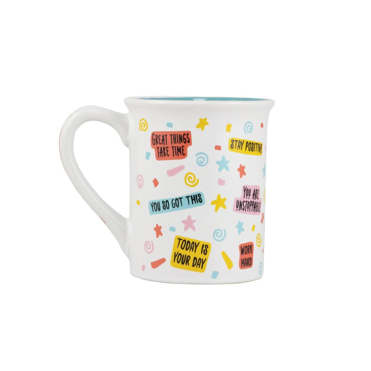 Onim mug in dark stoneware with white motivational text on front, back, and rim.
