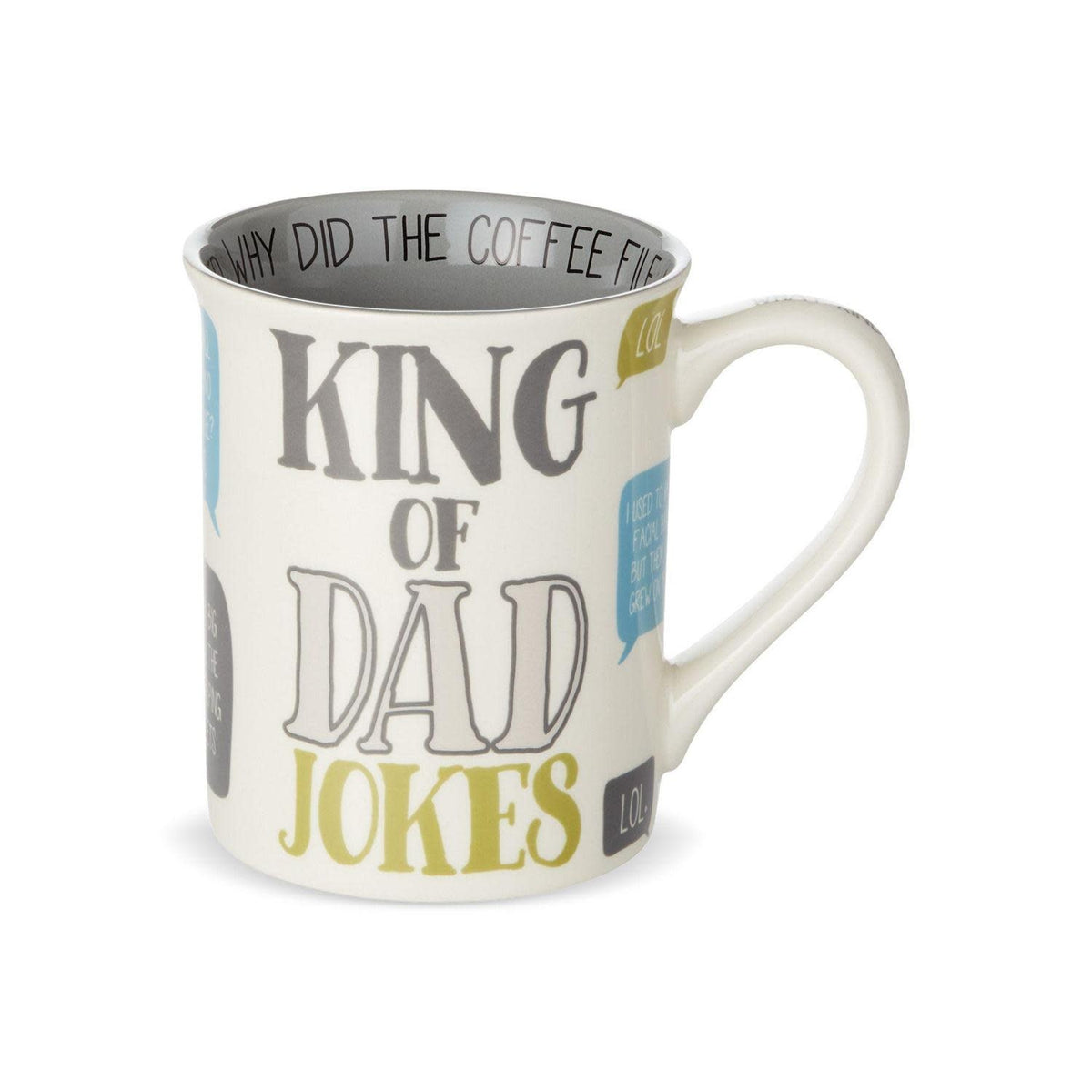 Onim mug in white stoneware with black dad joke text on front, back, and rim.